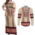 Traditional Romanian Couples Matching Off Shoulder Maxi Dress and Long Sleeve Button Shirt With Red Traditional Embroidery Patterns