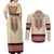 Traditional Romanian Couples Matching Off Shoulder Maxi Dress and Long Sleeve Button Shirt With Red Traditional Embroidery Patterns