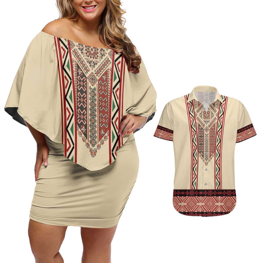 Traditional Romanian Couples Matching Off Shoulder Short Dress and Hawaiian Shirt With Red Traditional Embroidery Patterns