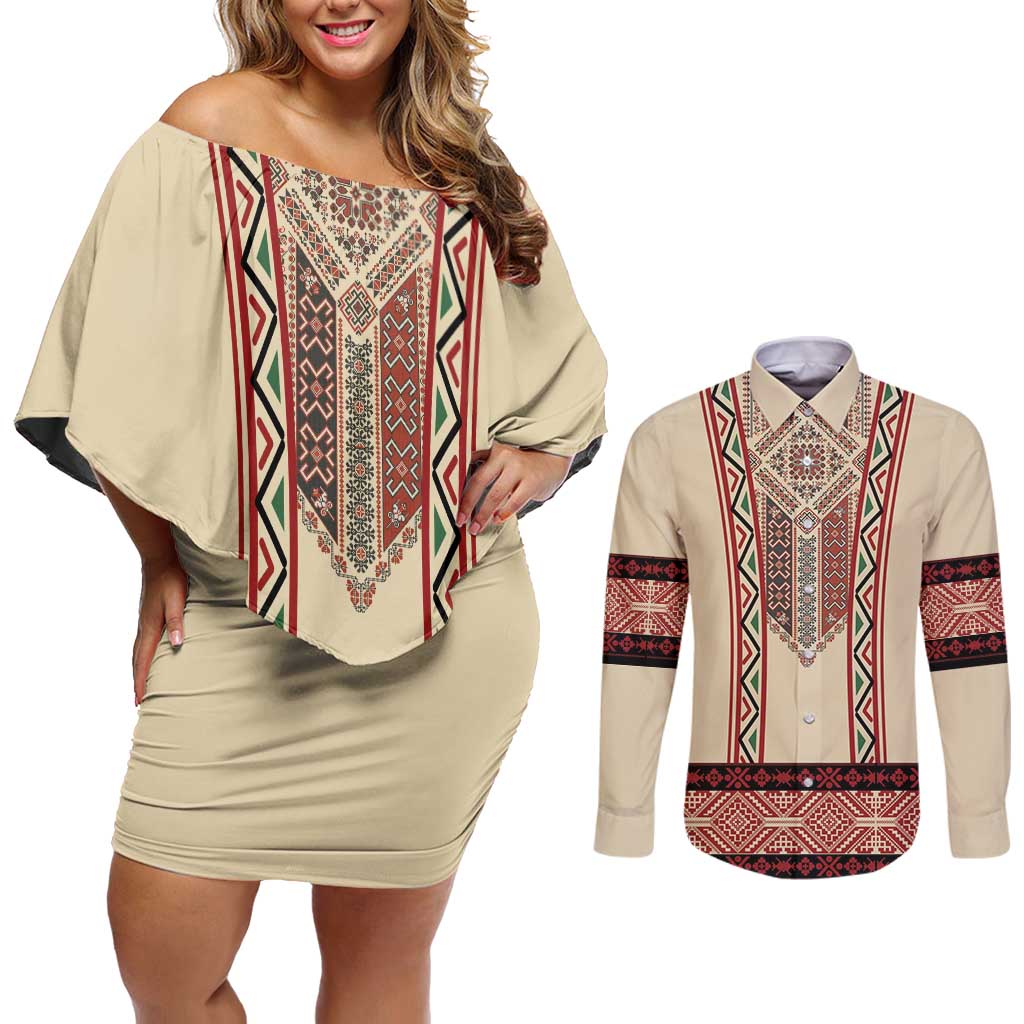 Traditional Romanian Couples Matching Off Shoulder Short Dress and Long Sleeve Button Shirt With Red Traditional Embroidery Patterns