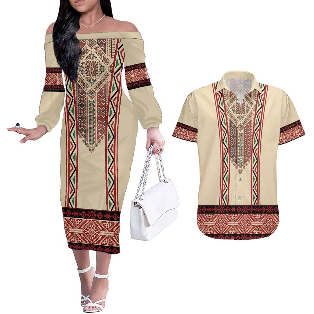 Traditional Romanian Couples Matching Off The Shoulder Long Sleeve Dress and Hawaiian Shirt With Red Traditional Embroidery Patterns