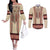 Traditional Romanian Couples Matching Off The Shoulder Long Sleeve Dress and Long Sleeve Button Shirt With Red Traditional Embroidery Patterns