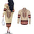 Traditional Romanian Couples Matching Off The Shoulder Long Sleeve Dress and Long Sleeve Button Shirt With Red Traditional Embroidery Patterns