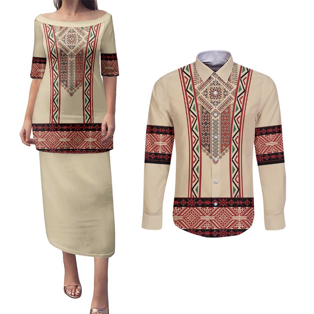 Traditional Romanian Couples Matching Puletasi and Long Sleeve Button Shirt With Red Traditional Embroidery Patterns