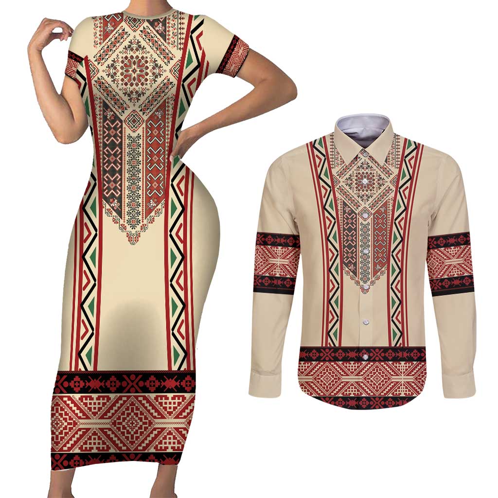 Traditional Romanian Couples Matching Short Sleeve Bodycon Dress and Long Sleeve Button Shirt With Red Traditional Embroidery Patterns