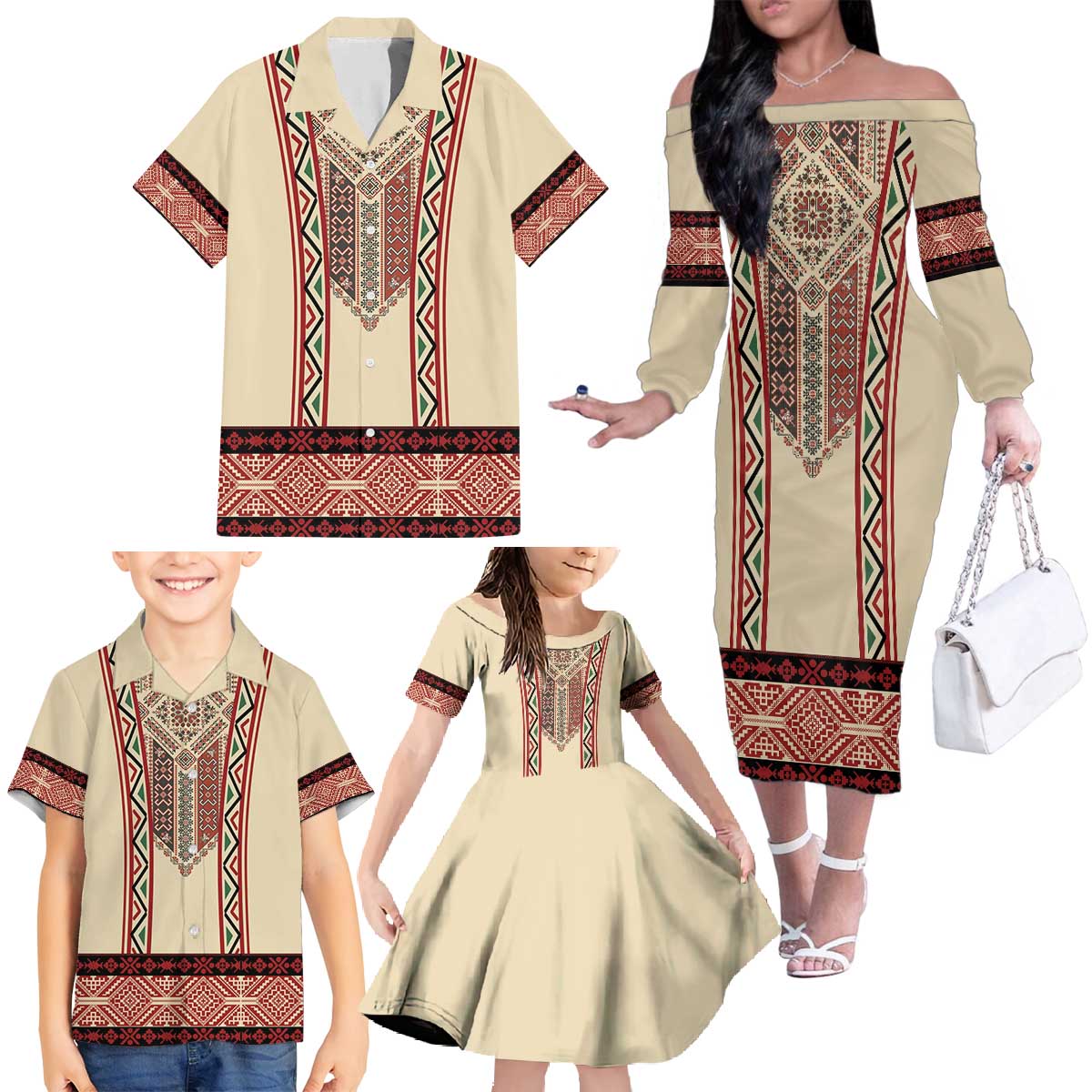 Traditional Romanian Family Matching Off The Shoulder Long Sleeve Dress and Hawaiian Shirt With Red Traditional Embroidery Patterns