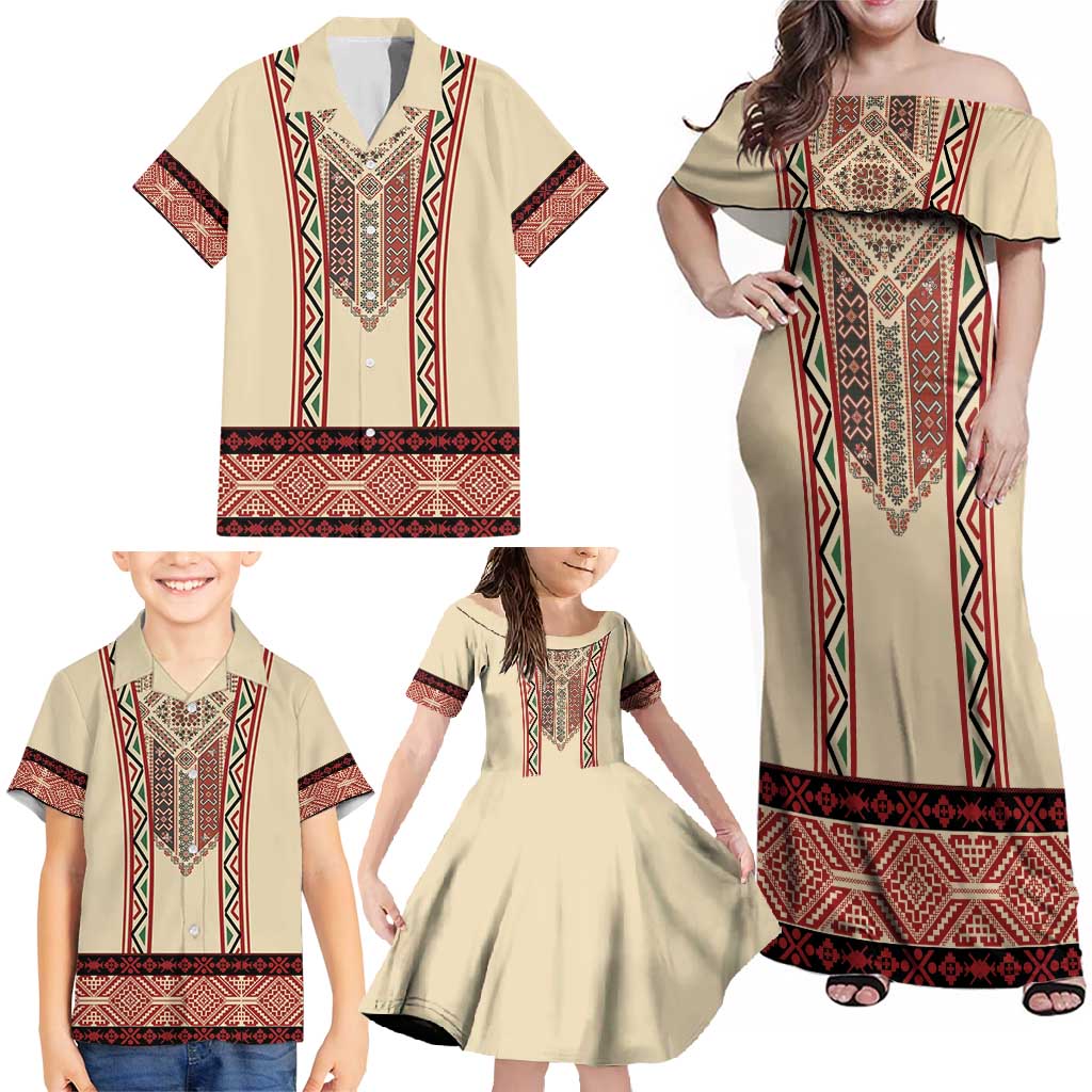 Traditional Romanian Family Matching Off Shoulder Maxi Dress and Hawaiian Shirt With Red Traditional Embroidery Patterns