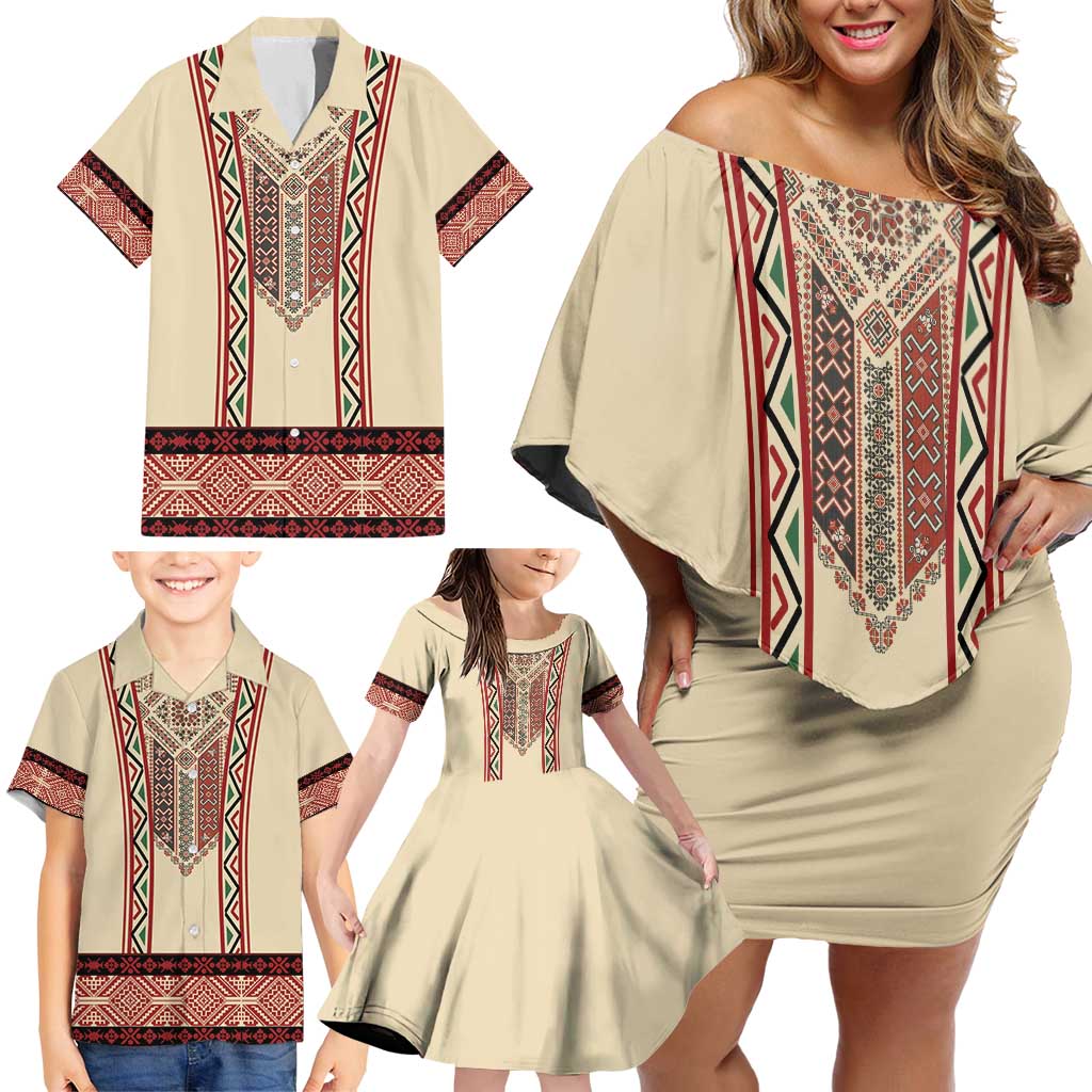 Traditional Romanian Family Matching Off Shoulder Short Dress and Hawaiian Shirt With Red Traditional Embroidery Patterns