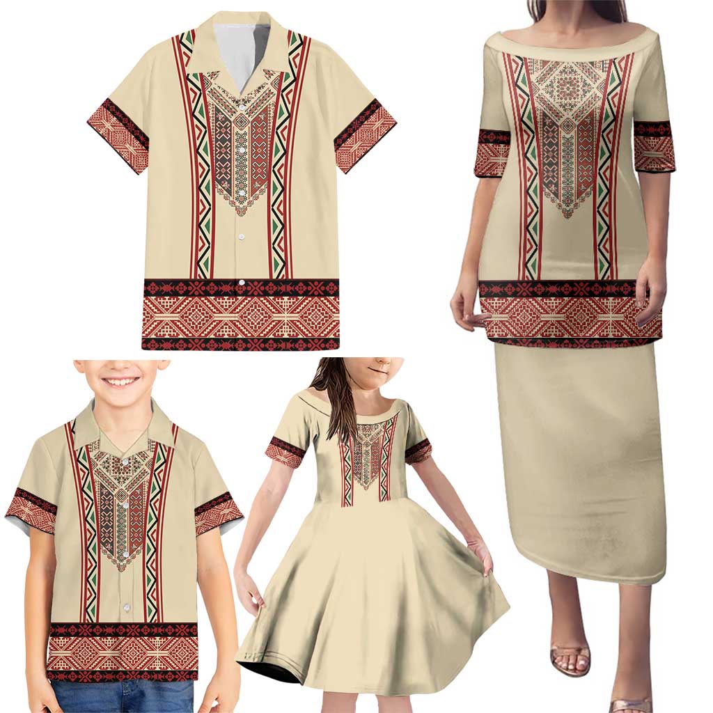 Traditional Romanian Family Matching Puletasi and Hawaiian Shirt With Red Traditional Embroidery Patterns