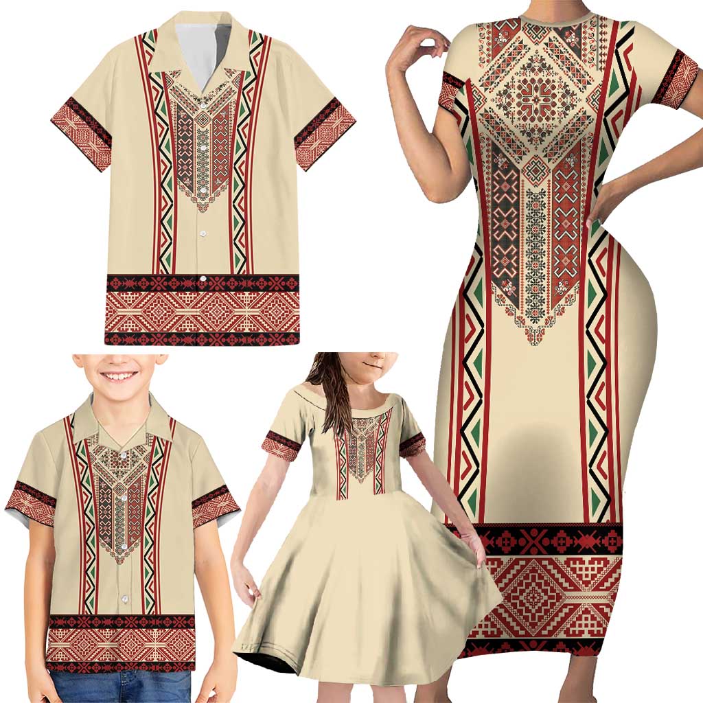 Traditional Romanian Family Matching Short Sleeve Bodycon Dress and Hawaiian Shirt With Red Traditional Embroidery Patterns