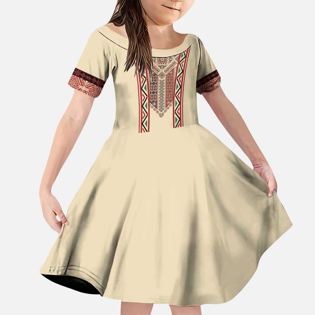 Traditional Romanian Kid Short Sleeve Dress With Red Traditional Embroidery Patterns