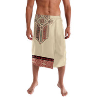 Beige lavalava skirt with red embroidered front panel and border detail