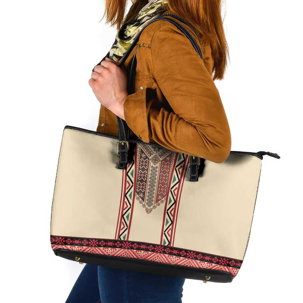 Traditional Romanian Leather Tote Bag With Red Traditional Embroidery Patterns