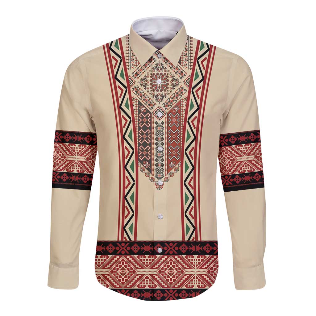 Traditional Romanian Long Sleeve Button Shirt With Red Traditional Embroidery Patterns