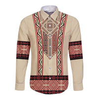 Beige long-sleeve button shirt with red traditional embroidery front panel