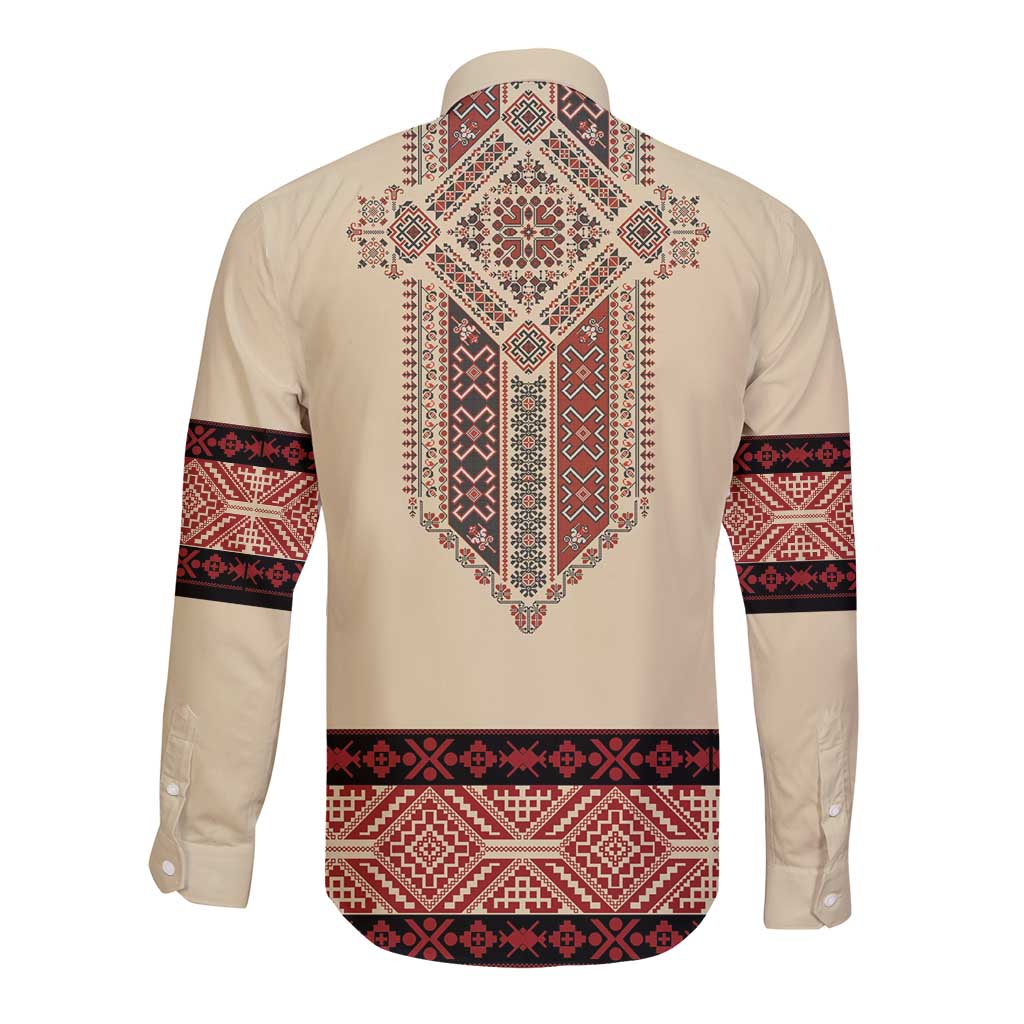 Beige long-sleeve button shirt with red traditional embroidery back panel