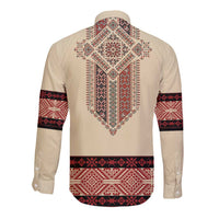 Beige long-sleeve button shirt with red traditional embroidery back panel