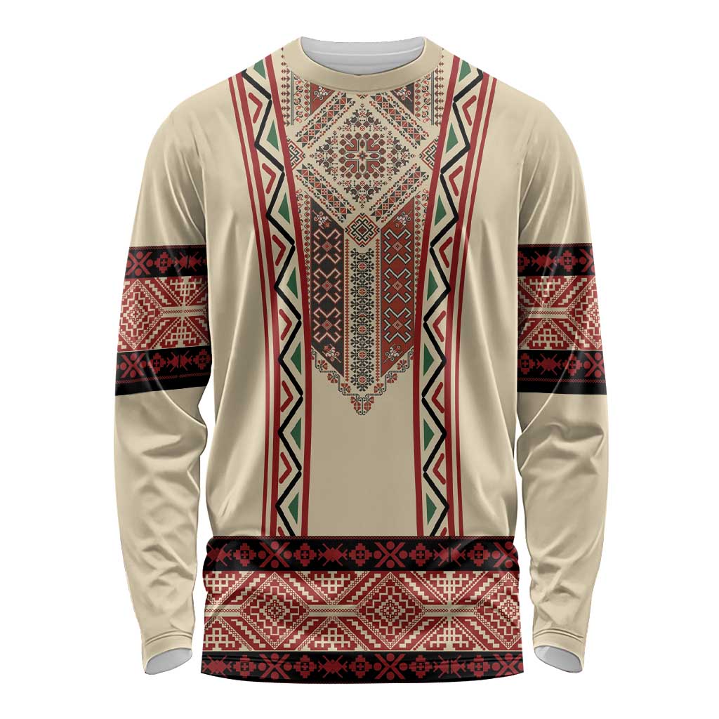 Traditional Romanian Long Sleeve Shirt With Red Traditional Embroidery Patterns