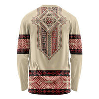 Back view beige long sleeve shirt with red geometric embroidery yoke and bands