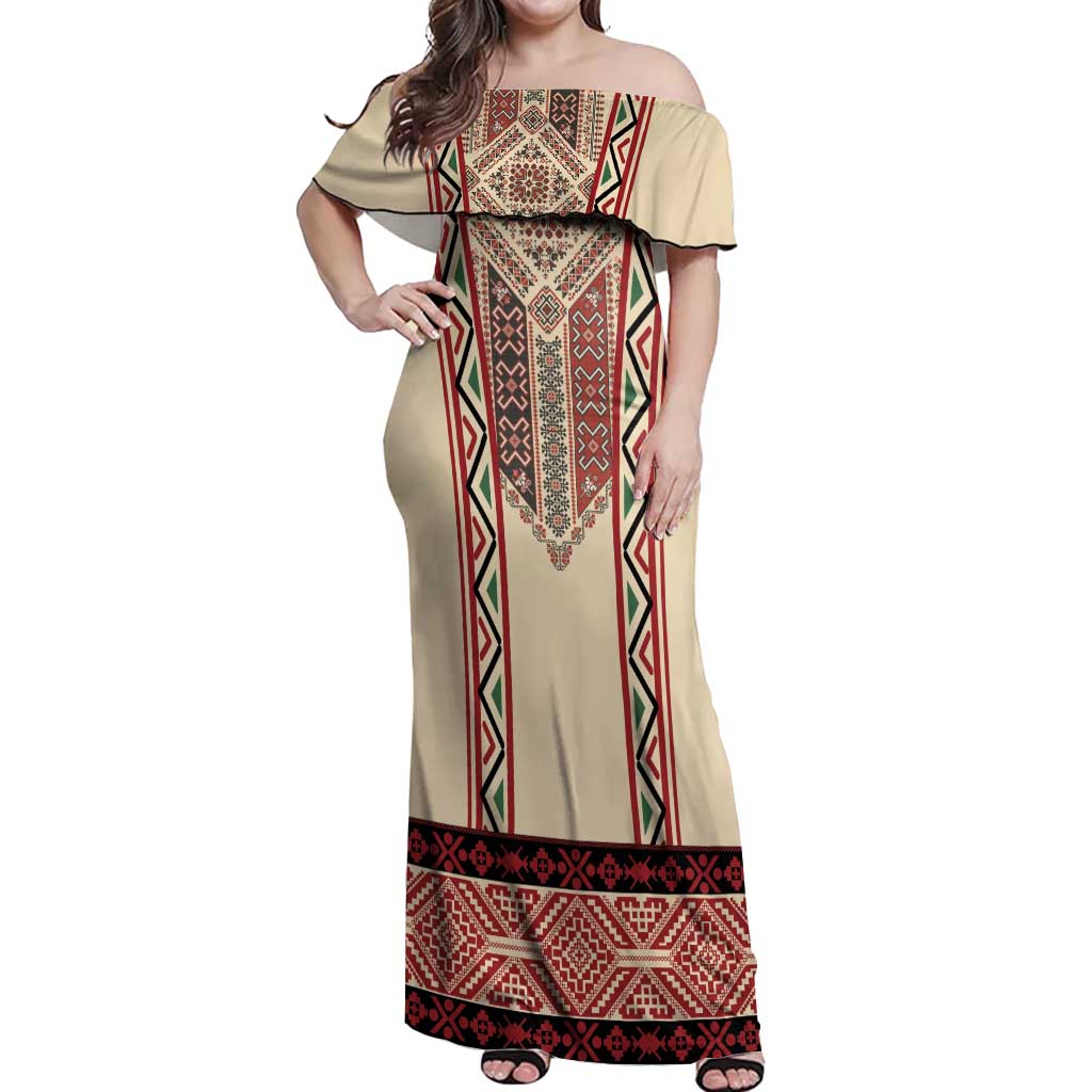 Traditional Romanian Off Shoulder Maxi Dress With Red Traditional Embroidery Patterns