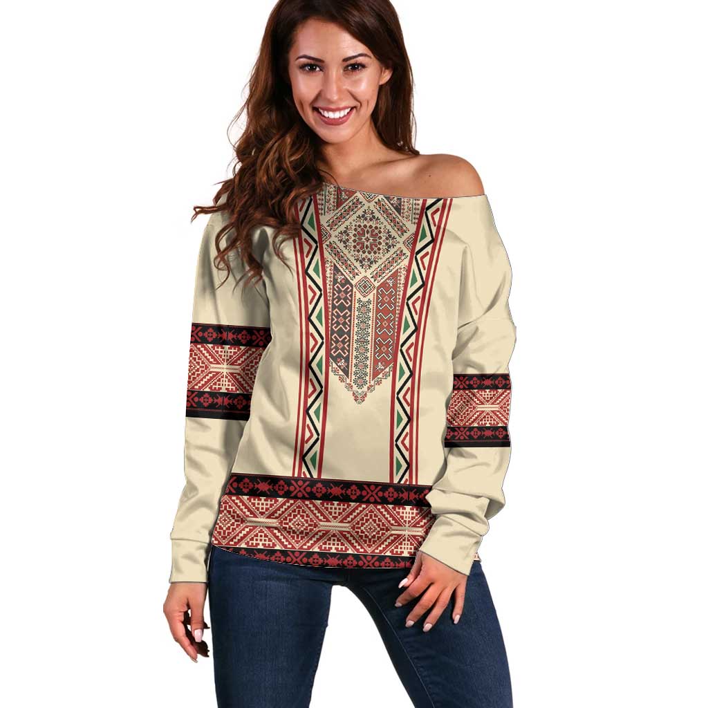 Traditional Romanian Off Shoulder Sweater With Red Traditional Embroidery Patterns