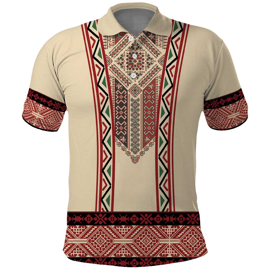 Traditional Romanian Polo Shirt With Red Traditional Embroidery Patterns