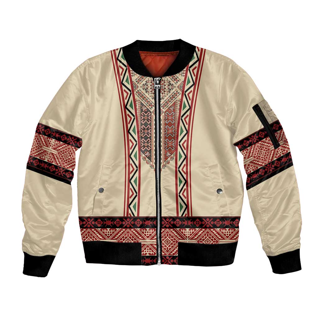 Traditional Romanian Sleeve Zip Bomber Jacket With Red Traditional Embroidery Patterns - Wonder Print Shop