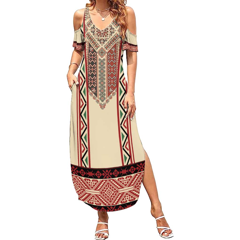 Traditional Romanian Summer Maxi Dress With Red Traditional Embroidery Patterns - Wonder Print Shop