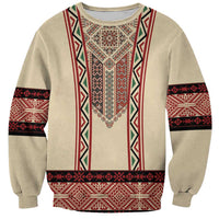 Beige unisex sweatshirt with red traditional embroidered front panel and geometric bands