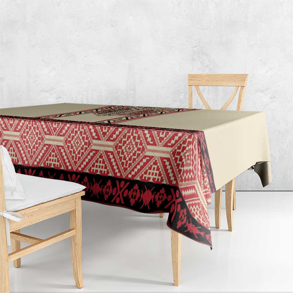 Beige tablecloth with red geometric embroidery stripe and draped corner