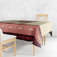 Beige tablecloth with red geometric embroidery stripe and draped corner