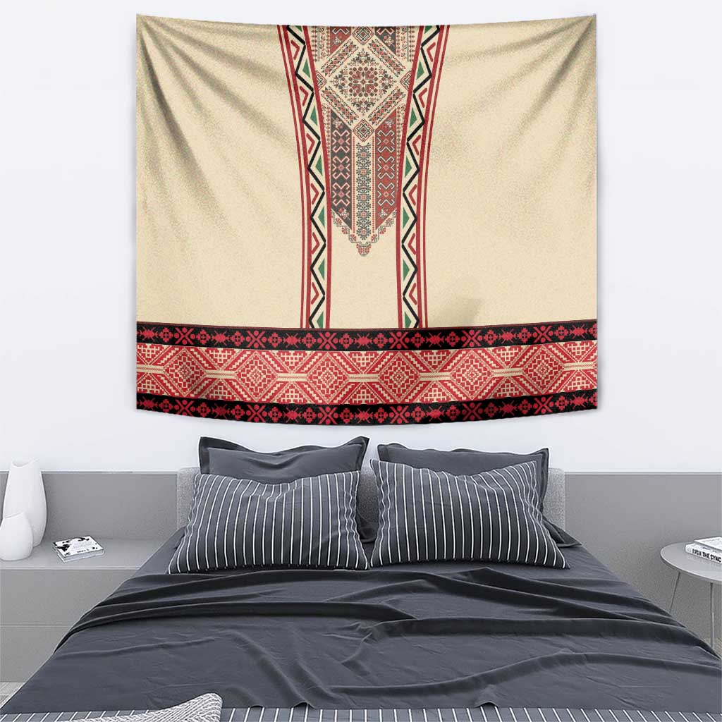 Beige tapestry with red patterned band and central embroidered vertical stripe
