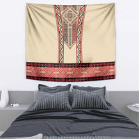 Beige tapestry with red patterned band and central embroidered vertical stripe