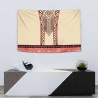 Beige wall tapestry with red geometric stripe border, central diamond motif