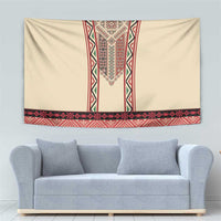 Beige tapestry with red central embroidery column and patterned lower border