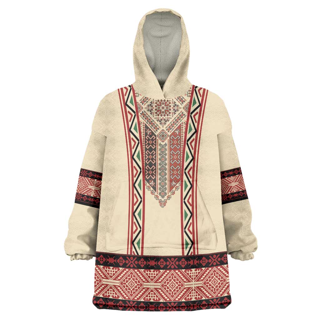 Traditional Romanian Wearable Blanket Hoodie With Red Traditional Embroidery Patterns