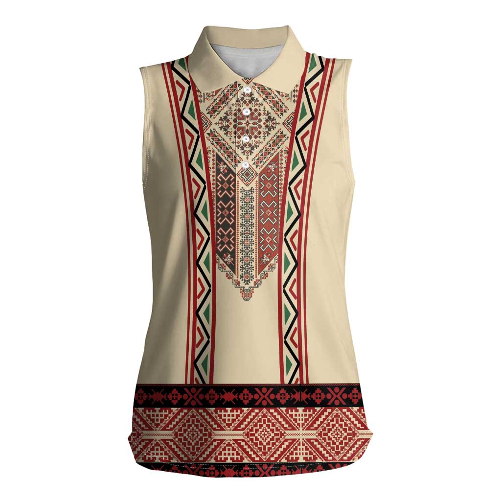 Traditional Romanian Women Sleeveless Polo Shirt With Red Traditional Embroidery Patterns - Wonder Print Shop