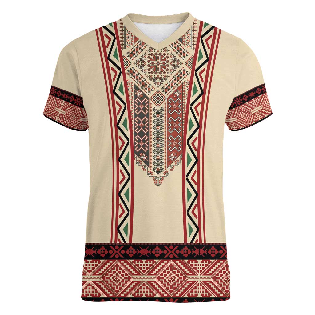 Traditional Romanian Women V-Neck T-Shirt With Red Traditional Embroidery Patterns - Wonder Print Shop