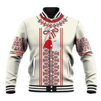 Beige unisex baseball jacket with red/blue folk pattern, ribbon and striped collar