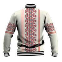 Beige unisex baseball jacket back view with tall red folk stripe and blue motifs