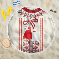 Round beach blanket with fringe, white base and Romanian folk red embroidery figures