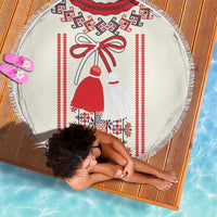 Round fringe beach blanket with Romanian folk pattern: red and black motifs on white