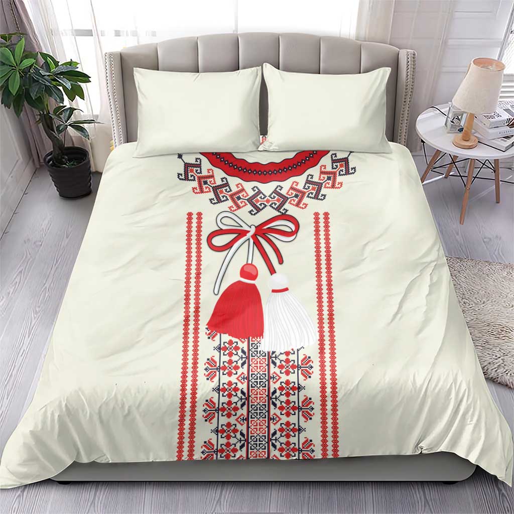 Light beige duvet bedding set with red and blue Romanian folk girl design and trim stripes