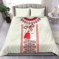 Light beige duvet bedding set with red and blue Romanian folk girl design and trim stripes
