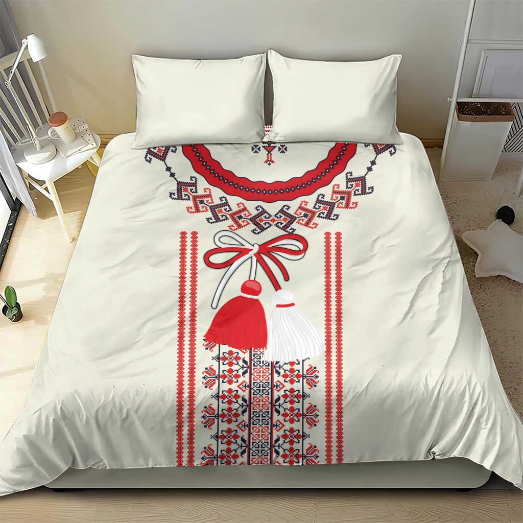 Light beige bedding set with red and blue Romanian folk girl motif on duvet and pillow
