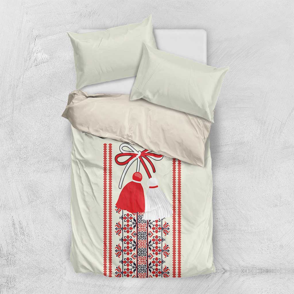 Light beige bedding set with Romanian folk dress graphic, red trim, and matching pillowcases