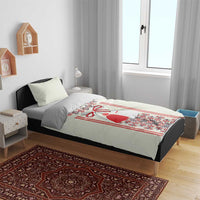 Light beige duvet bedding set featuring red and blue Romanian folk figure panel