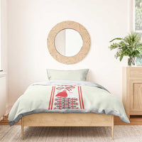 Light beige duvet bedding set with red Romanian folk figure panel and striped trim