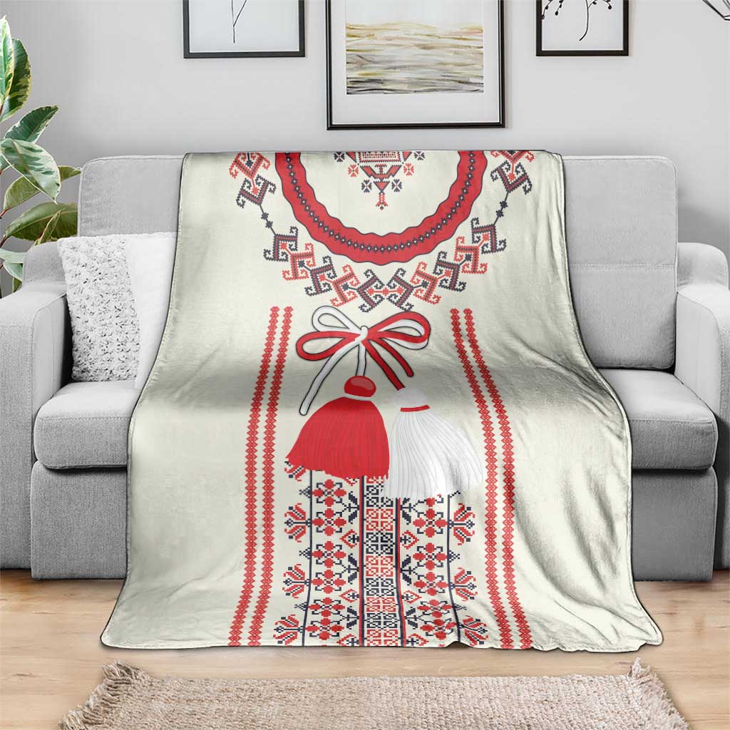 Traditional Romanian folklore throw blanket featuring red-dressed figure and geometric motifs