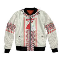 Beige bomber jacket with red/white folk embroidery, front zip, black rib cuffs